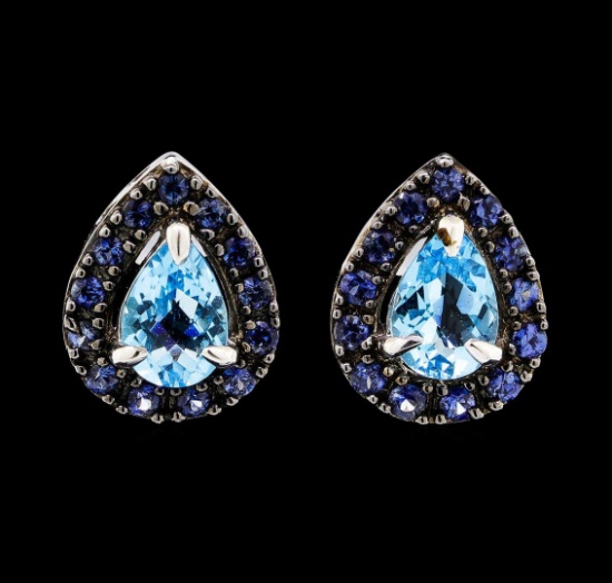 1.65 ctw Blue Topaz and Sapphire Earrings - 14KT White Gold