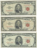 1963 $5 Fine Red Seal Bill Lot of 3