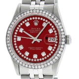 Rolex Mens 36mm Stainless Steel Red String Diamond Datejust Wristwatch