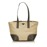 Prada Beige Tan Canvas Olive Green Leather Tote Shoulder Bag