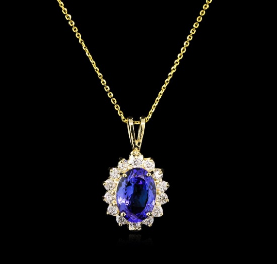 3.27 ctw Tanzanite and Diamond Pendant With Chain - 14KT Yellow Gold