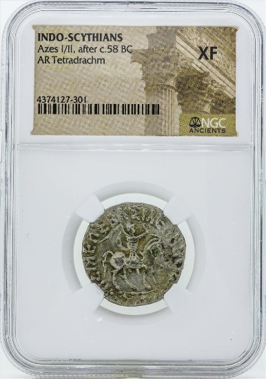 58 BC Indo Scythians Azes I/II AR Tetradrachm Coin NGC XF