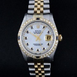 Rolex Mens Two Tone String Diamond MOP and Sapphire Datejust Wristwatch