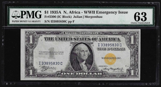 1935A $1 North Africa WWII Emergency Silver Certificate Note PMG CU63