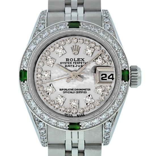 Rolex Ladies SS MOP Diamond Lugs And Emerald Datejust Wriswatch