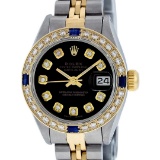 Rolex Ladies 2T Black Diamond And Sapphire Datejust Wristwatch
