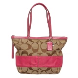 Coach Beige Pink Canvas Leather Monogram Tote Bag