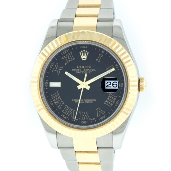 Rolex Two-Tone Black Roman DateJust Men's Watch