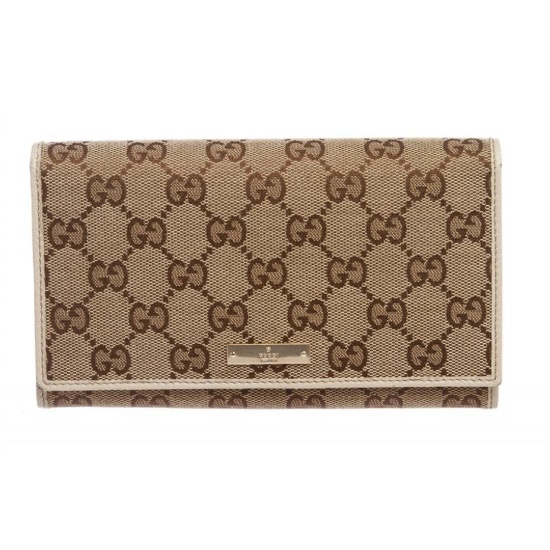 Gucci Beige Tan Monogram Canvas Leather Continental Wallet