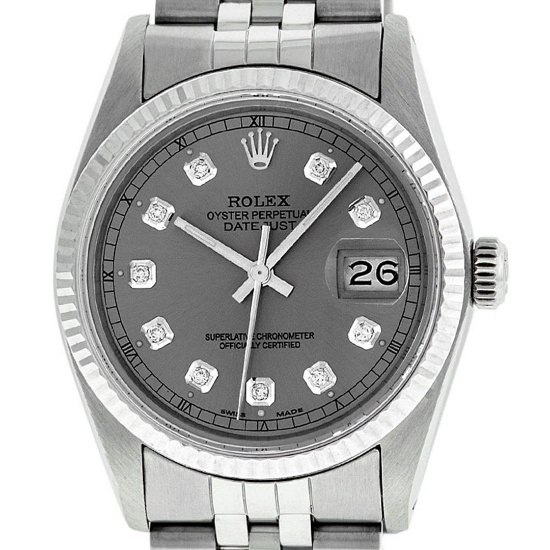 Rolex Mens 36mm Stainless Steel Slate Grey Diamond Datejust Wristwatch