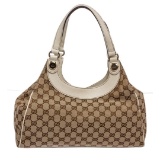 Gucci Brown Monogram Canvas Beige Leather Trim Shoulder Handbag