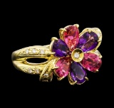 1.90 ctw Amethyst, Tourmaline and Diamond Ring - 18KT Yellow Gold