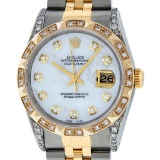 Rolex Mens 2T Mother Of Pearl Diamond Lugs Pyramid Bezel Datejust Wristwatch