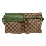 Gucci Beige Brown Monogram Canvas Green Leather Trim Waist Bag