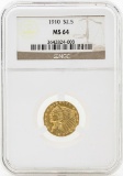1910 $2 1/2 Indian Head Quarter Eagle Gold Coin NGC MS64