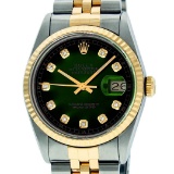 Rolex Mens 36mm Two Tone Yellow Gold Green Vignette Diamond DateJust Wristwatch