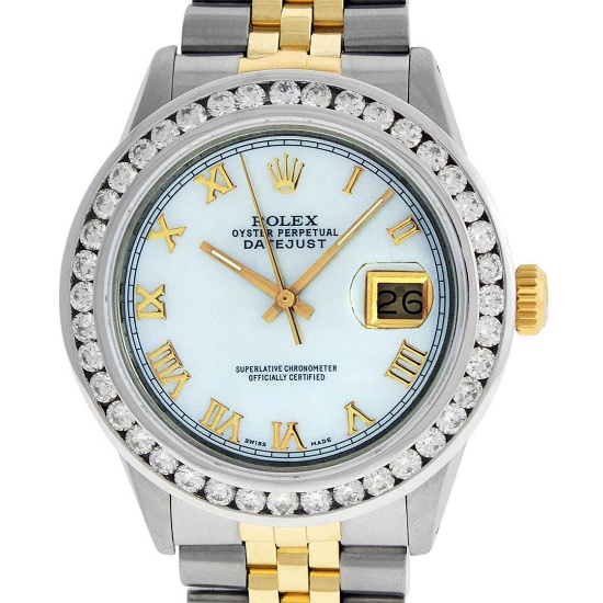 Rolex Mens Two Tone Yellow Gold White Roman 3 ctw Diamond Datejust Wristwatch