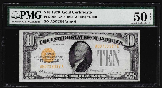 1928 $10 Gold Certificate Note Fr. 2400 PMG About Uncirculated 50EPQ