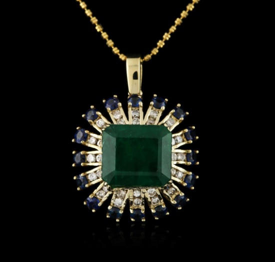 14KT Rose Gold 7.68 ctw Emerald, Sapphire and Diamond Pendant With Chain