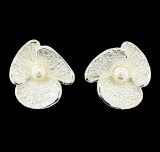 Petal Pearl Earrings - Rhodium Plated