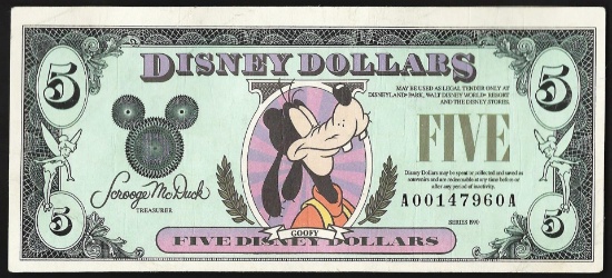 1990 $5 Disney Dollars Note