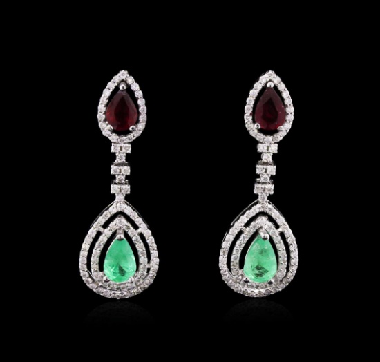 3.72 ctw Emerald, Ruby and Diamond Earrings - 14KT White Gold