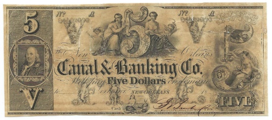 1850's $5 Obsolete New Orleans Bank Note.  Punch Cancelled