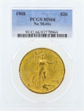 1908 No Motto $20 St. Gaudens Double Eagle Gold Coin PCGS MS66