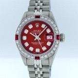 Rolex Stainless Steel Red Diamond DateJust Ladies Watch
