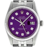 Rolex Mens 36mm Stainless Steel Purple Diamond Datejust Wristwatch