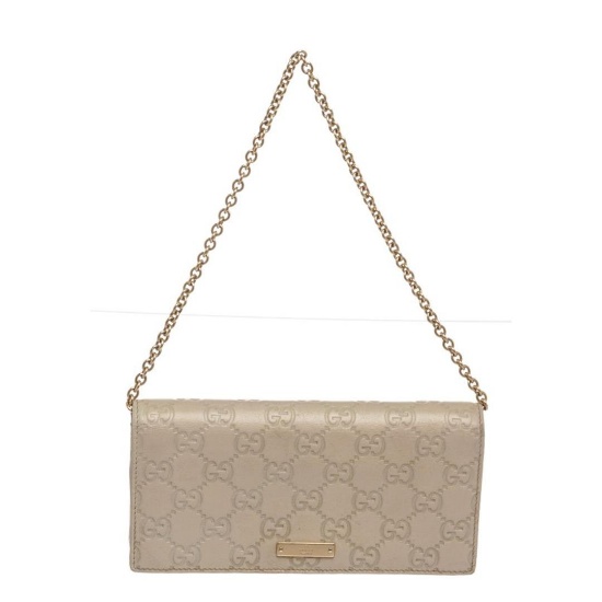 Gucci Ivory Guccissima Leather Wallet on Chain