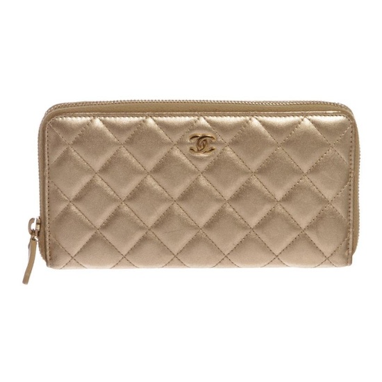 Chanel Gold Lambskin Leather Quilted Long Zippy Wallet