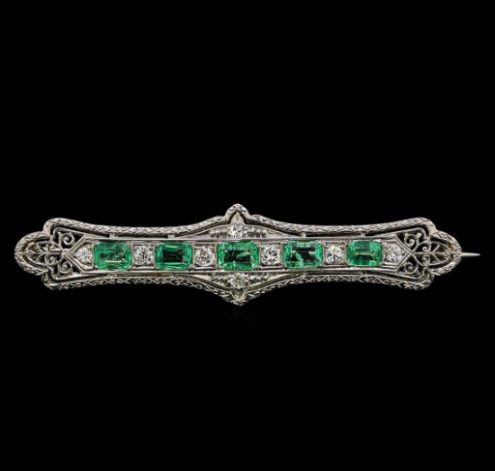 18KT White Gold 1.30 ctw Emerald and Diamond Brooch