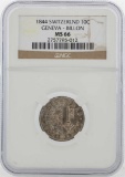 1844 Switzerland 10C Geneva Billon Coin NGC MS66