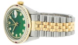 Rolex Mens 2T Green String Diamond & Ruby Datejust Wristwatch