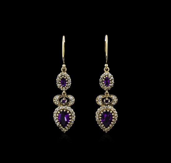 2.61 ctw Amethyst and Diamond Earrings - 18KT Yellow Gold