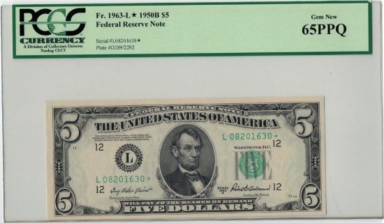 1950-B $5 PCGS Gem New 65PPQ Federal Reserve Note