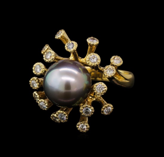 Tahitian Pearl and Diamond Ring - 14KT Yellow Gold