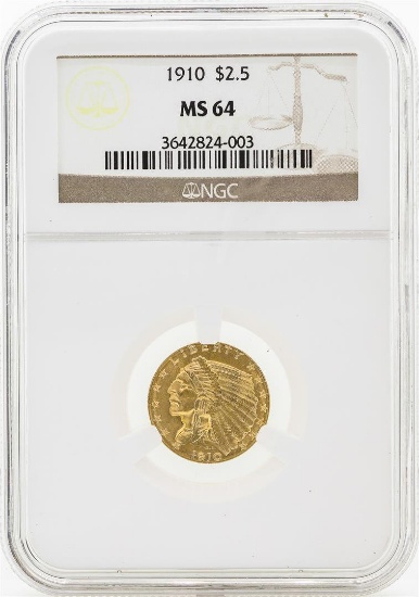 1910 $2 1/2 Indian Head Quarter Eagle Gold Coin NGC MS64