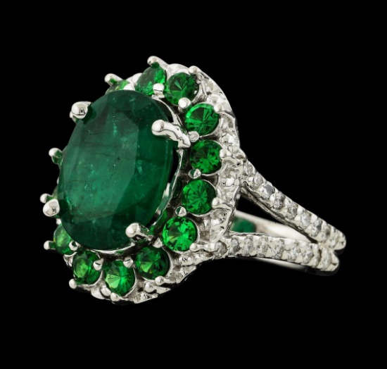 4.54 ctw Emerald, Tsavorite and Diamond Ring - 14KT White Gold