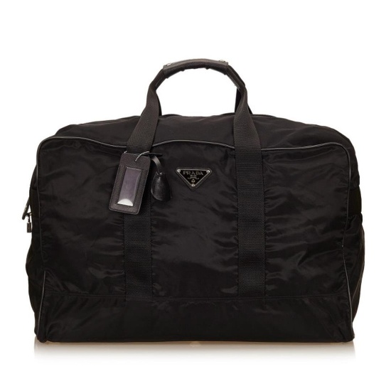 Prada Black Nylon Leather Zipper Travel Duffle Bag