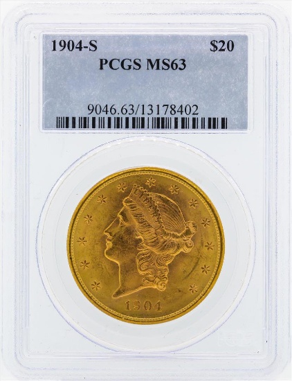 1904-S $20 Liberty Head Double Eagle Gold Coin PCGS MS63