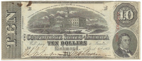 1863 $10 The Confederate States of America Note T-59 CC