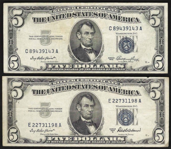 Set of (2) 1953 $5 Silver Certificate Notes