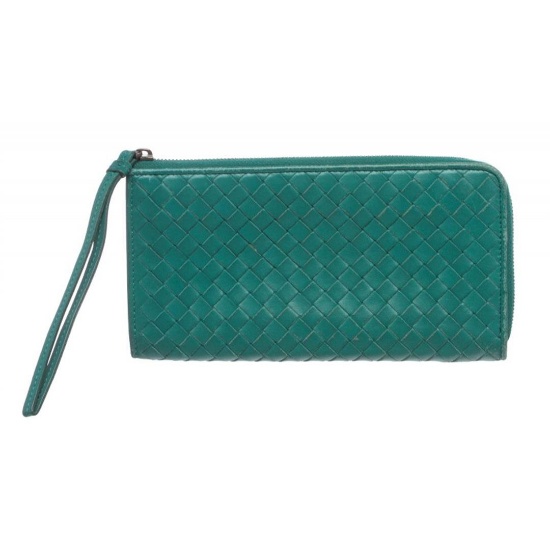 Bottega Veneta Green Woven Leather Zip Long Wallet