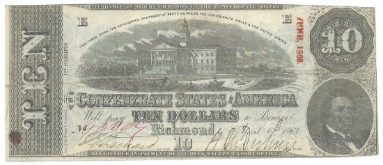 1863 $10 The Confederate States of America Note T-59 CC