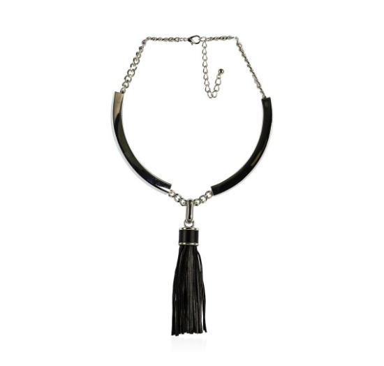 Leather Tassel Pendant Necklace - Rhodium Plated