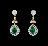 4.66 ctw Emerald And Diamond Earrings - 18KT Yellow Gold with Rhodium Plating
