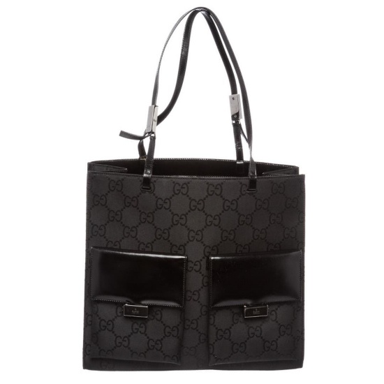 Gucci Black Canvas Leather Monogram Double Pocket Shoulder Bag
