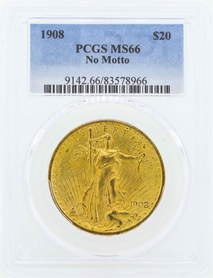1908 No Motto $20 St. Gaudens Double Eagle Gold Coin PCGS MS66
